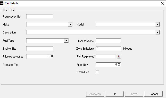 Car Details screen fields 